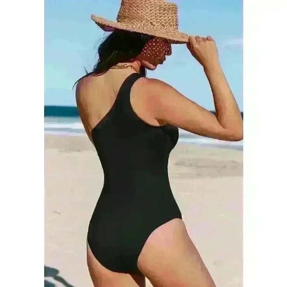 Reverie Land One Shoulder Slim & Sculpt One Piece Swimsuit Black NWT Size M - Picture 2 of 9